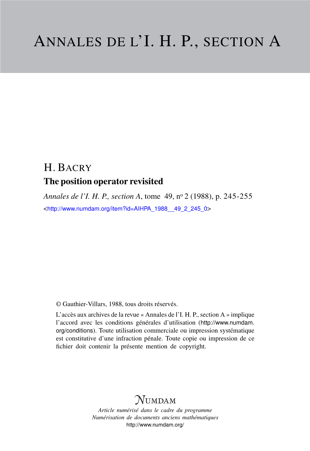 The Position Operator Revisited Annales De L’I