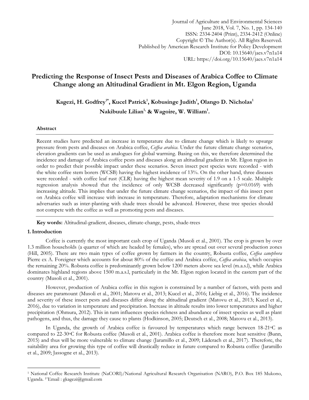 Predicting the Response of Insect Pests and Diseases of Arabica Coffee to Climate Change Along an Altitudinal Gradient in Mt