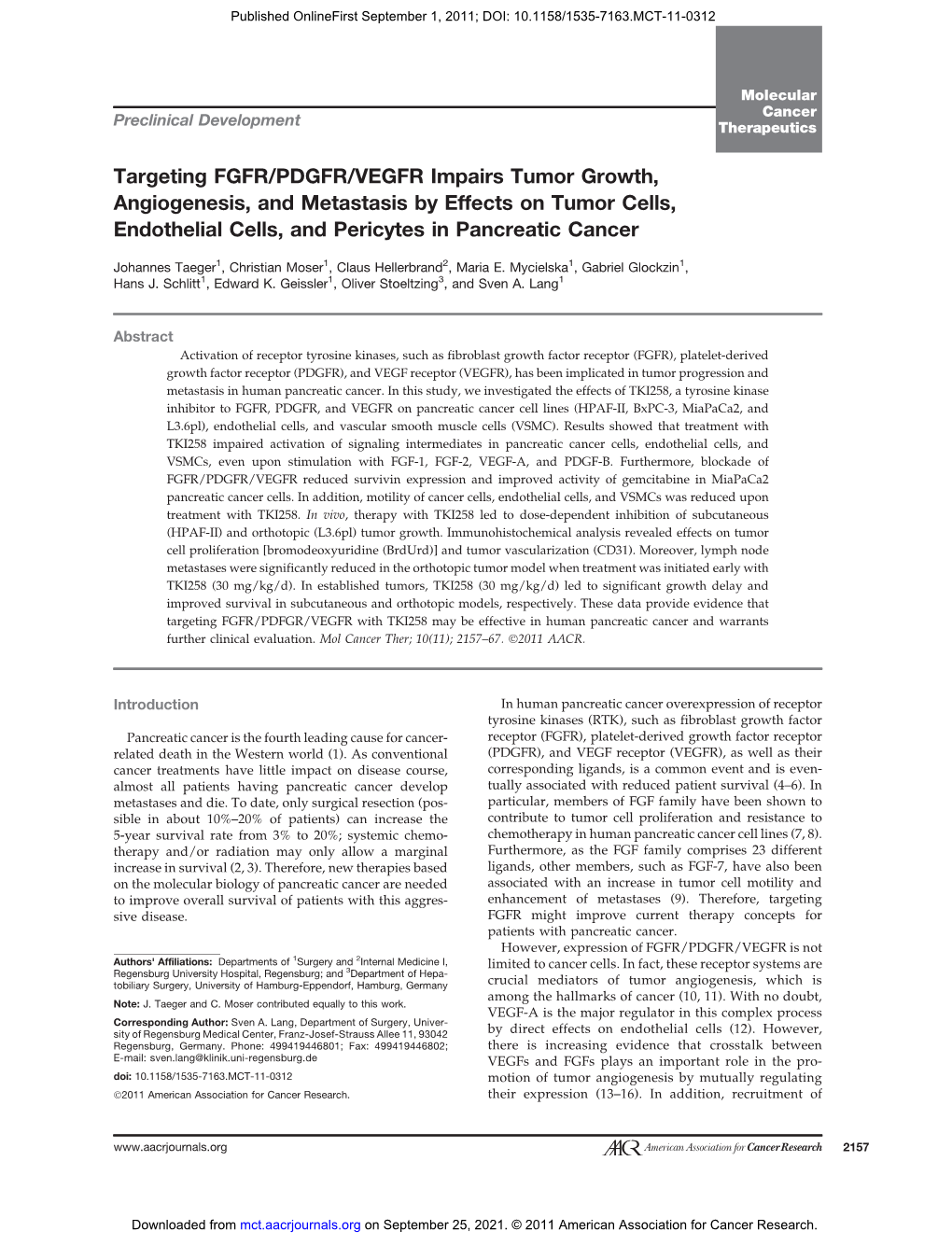 Targeting FGFR/PDGFR/VEGFR Impairs Tumor Growth, Angiogenesis, and Metastasis by Effects on Tumor Cells, Endothelial Cells, and Pericytes in Pancreatic Cancer