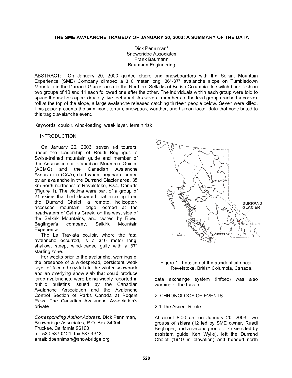 The Sme Avalanche Tragedy of January 20, 2003: a Summary of the Data