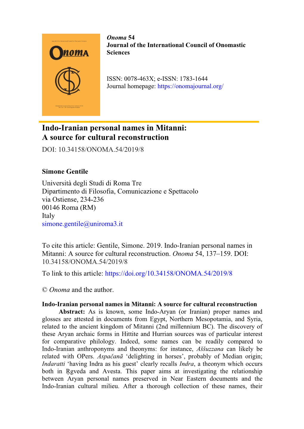 Indo-Iranian Personal Names in Mitanni: a Source for Cultural Reconstruction DOI: 10.34158/ONOMA.54/2019/8