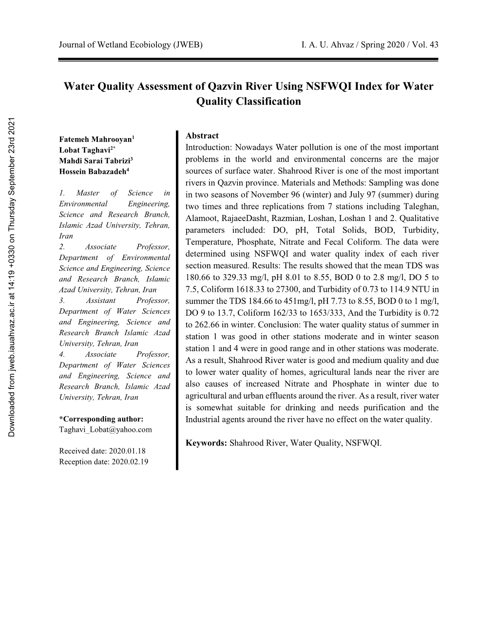 Water Quality Assessment of Qazvin River Using NSFWQI Index for Water Quality Classification