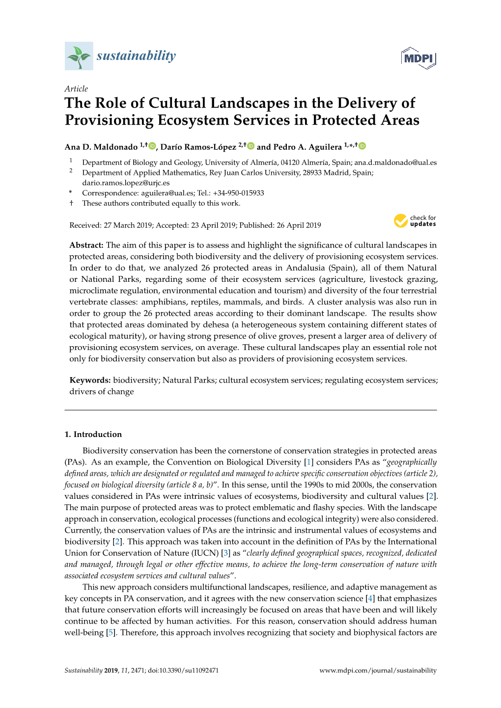 The Role of Cultural Landscapes in the Delivery of Provisioning Ecosystem Services in Protected Areas