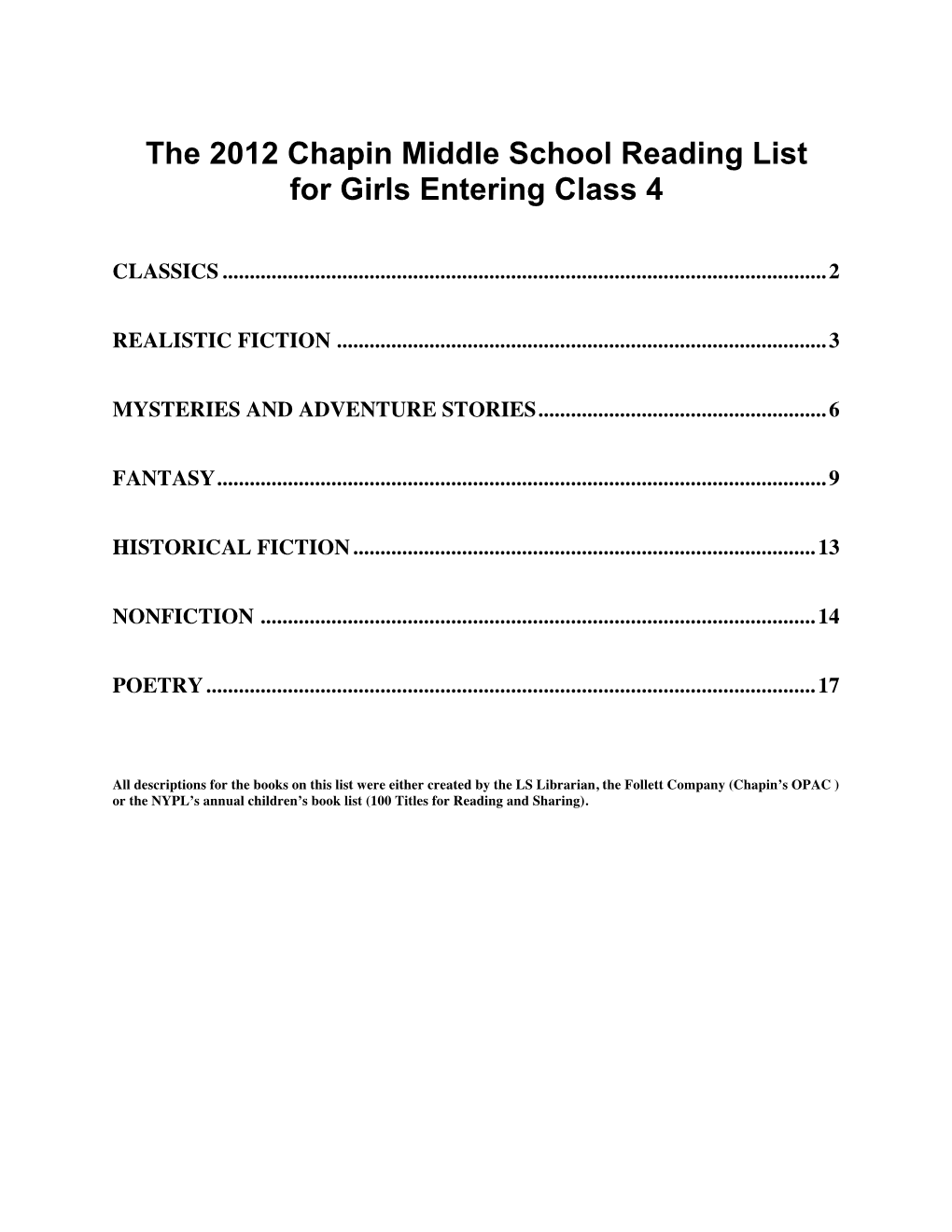 The 2012 Chapin Middle School Reading List for Girls Entering Class 4