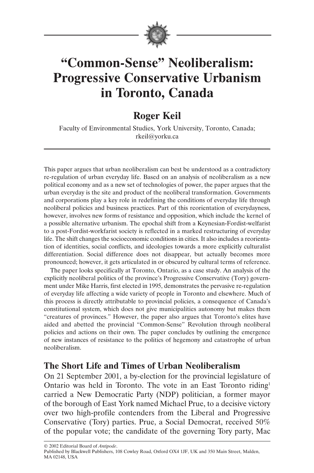 Neoliberalism: Progressive Conservative Urbanism in Toronto, Canada