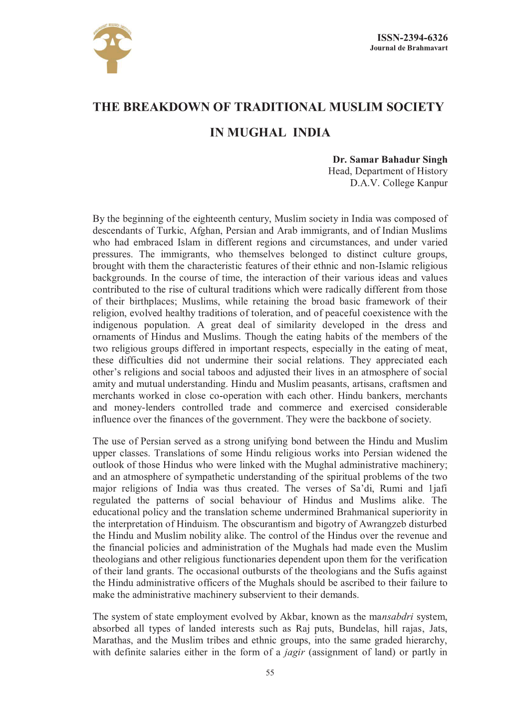 The Breakdown of Traditional Muslim Society in Mughal India