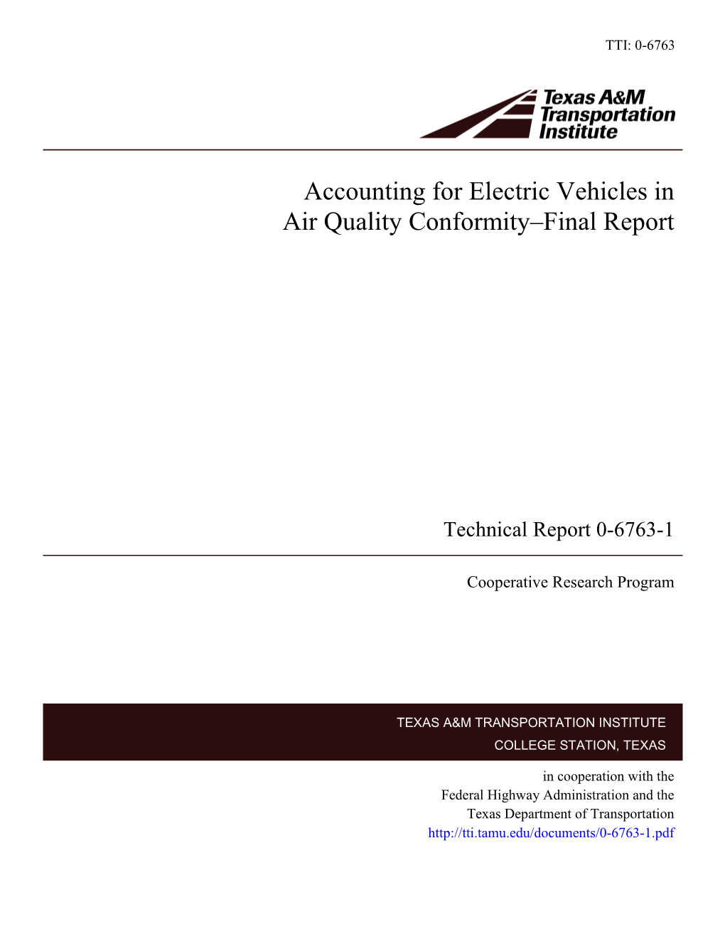 Accounting for Electric Vehicles in Air Quality Conformity --- Final Report