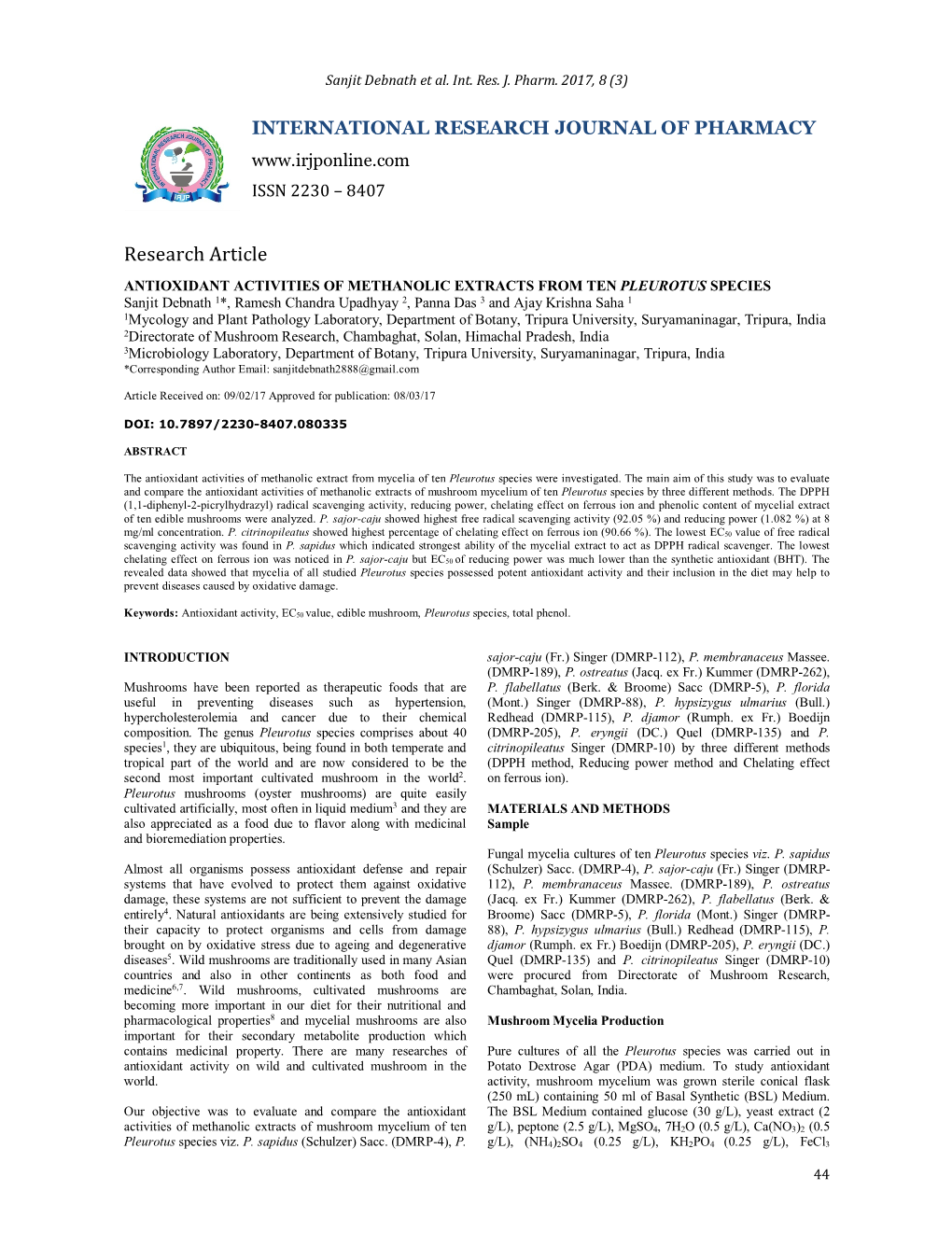 Antioxidant Activities of Methanolic Extracts from Ten Pleurotus Species