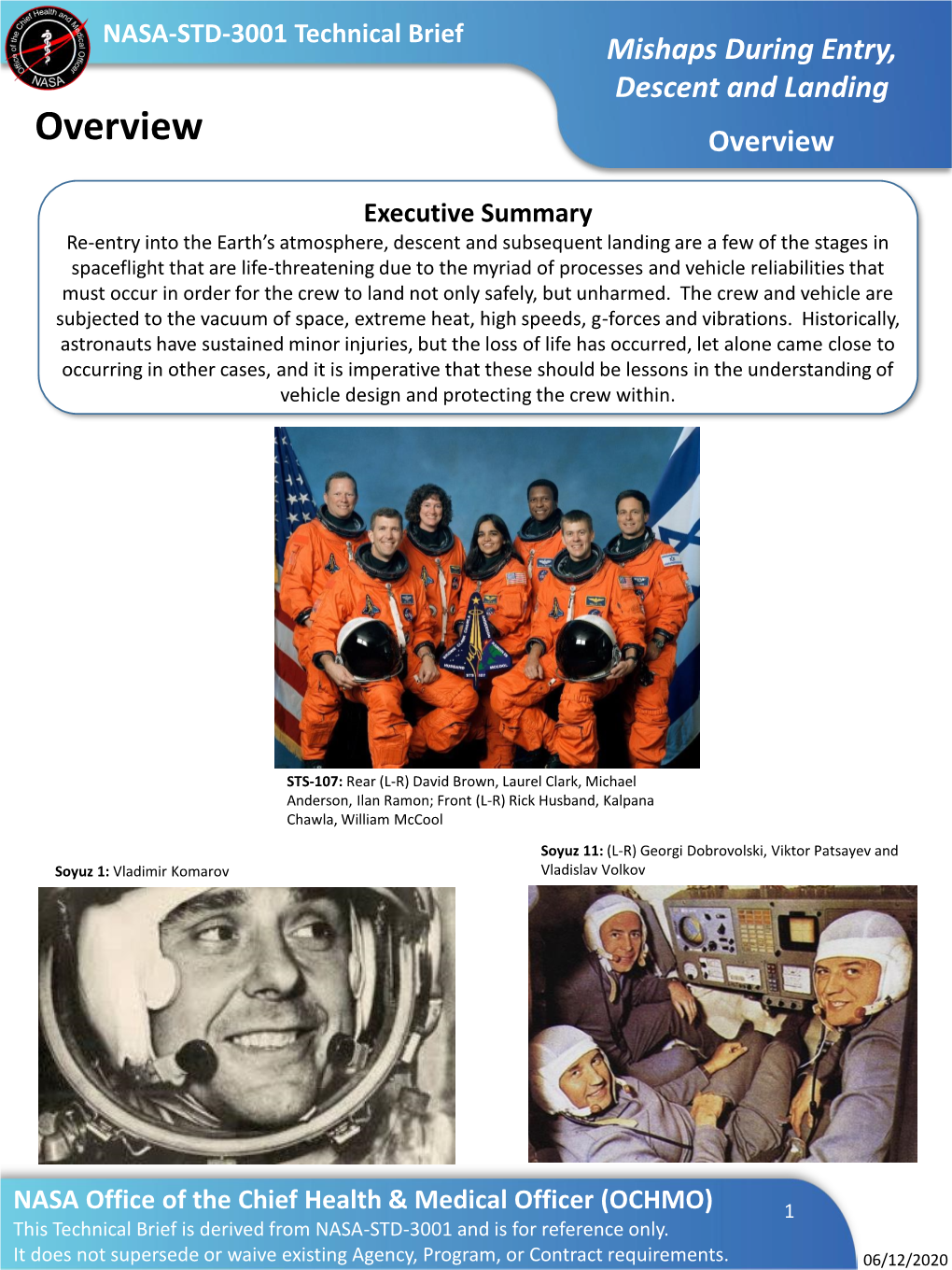 NASA-STD-3001 Technical Brief Mishaps During Entry, Descent and Landing Overview Overview