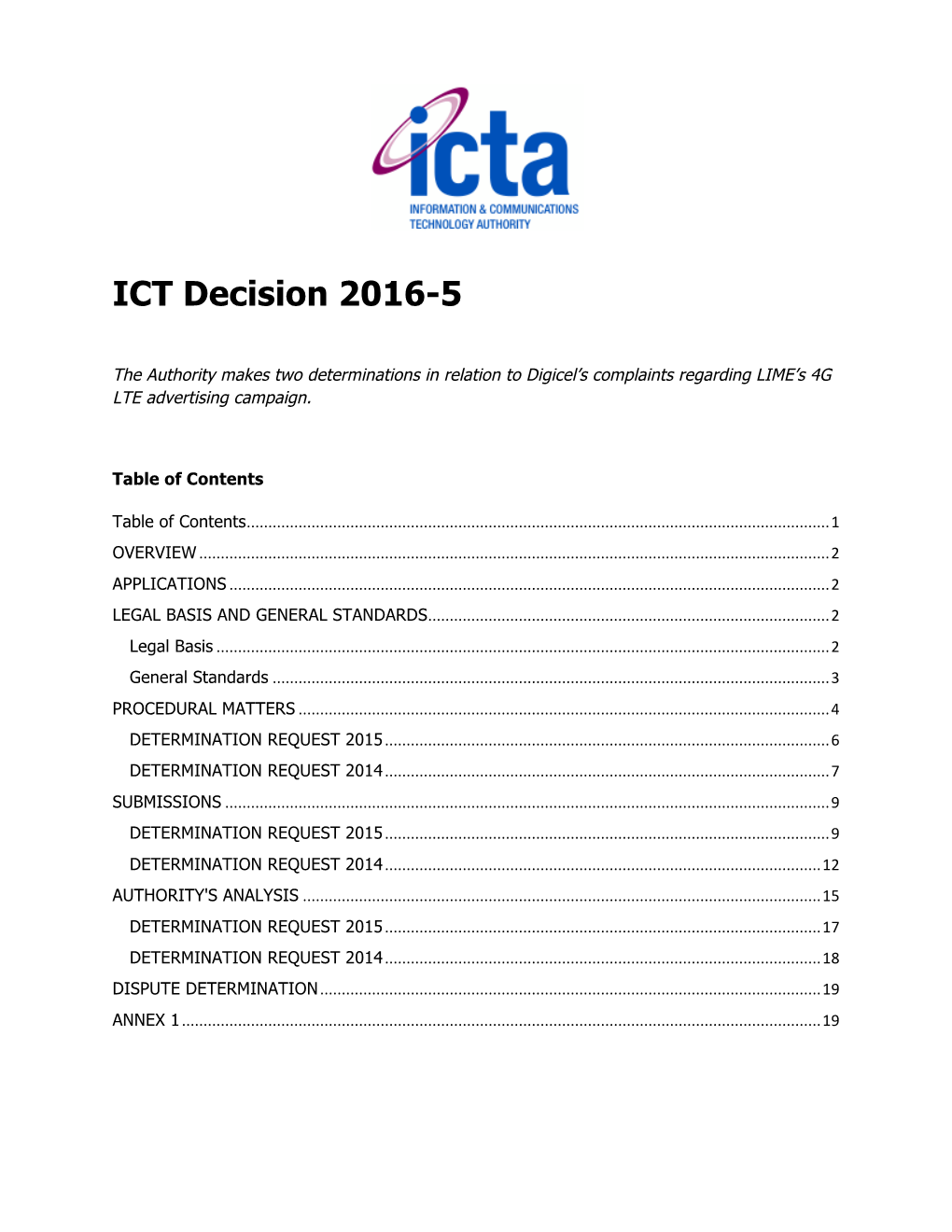 ICT Decision 2016-5 Digicel Dispute Re LIME's 4G LTE Advertising