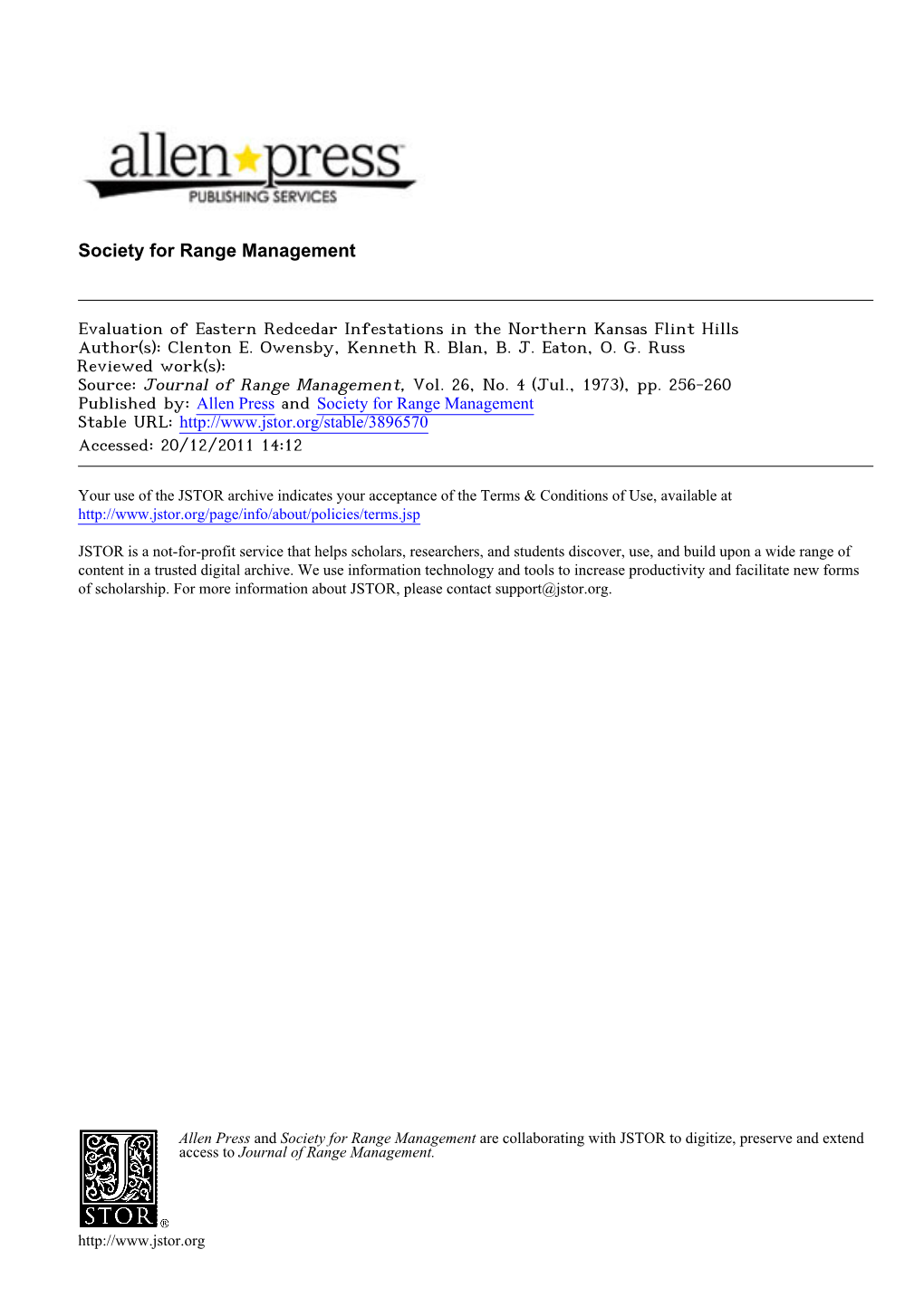 Evaluation of Eastern Redcedar Infestations in the Northern Kansas Flint Hills Author(S): Clenton E