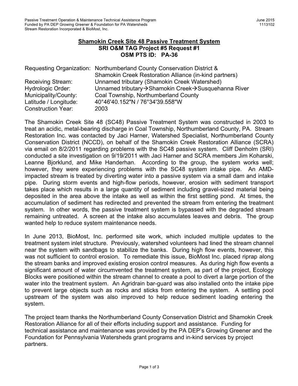 Shamokin Creek Site 48 Passive Treatment System SRI O&M TAG Project #5 Request #1 OSM PTS ID: PA-36