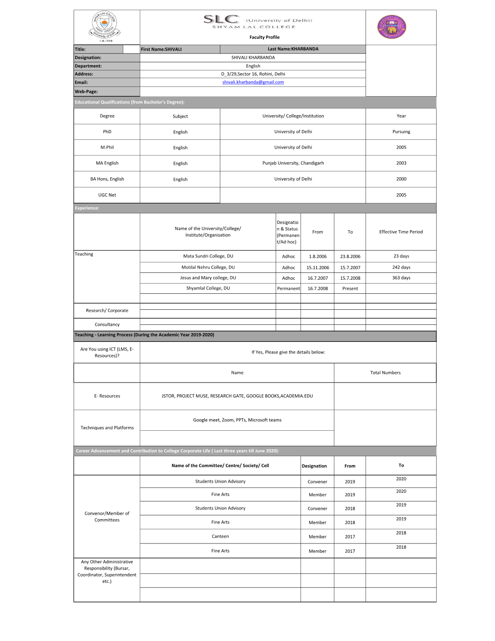 Title: First Name:SHIVALI Subject English English English English Designatio N & Status (Permanen T/Ad-Hoc) from to Adhoc 1