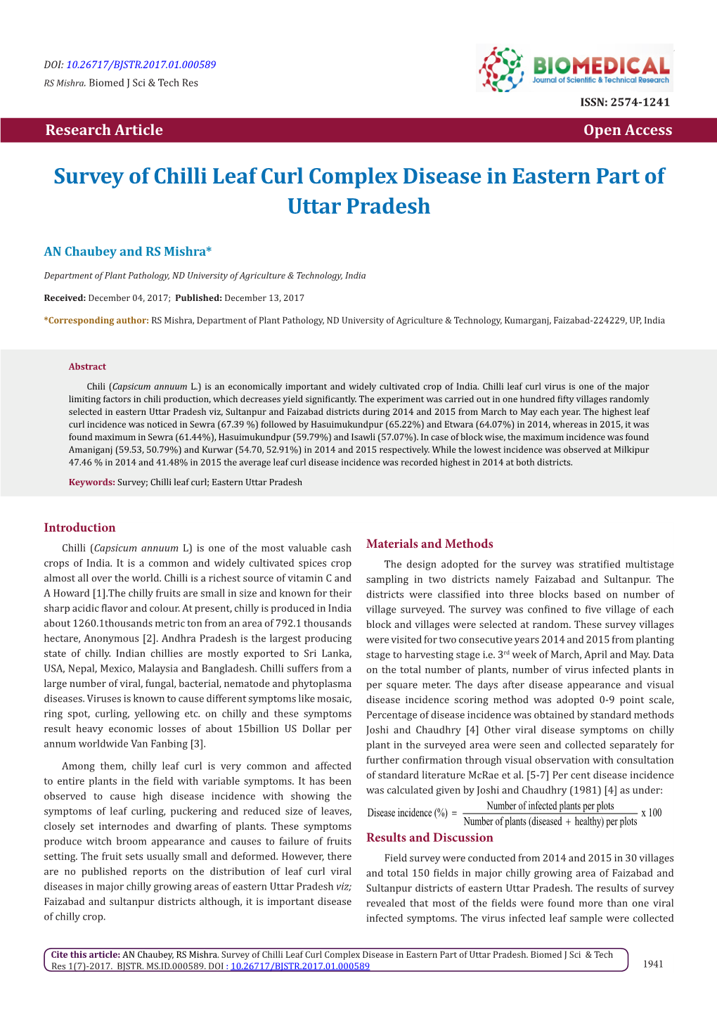 Survey of Chilli Leaf Curl Complex Disease in Eastern Part of Uttar Pradesh