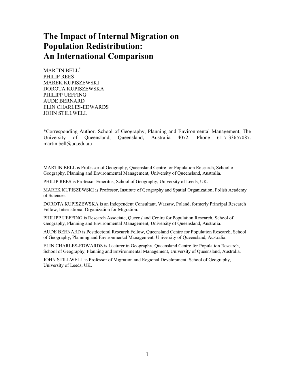 The Impact of Internal Migration on Population Redistribution: an International Comparison