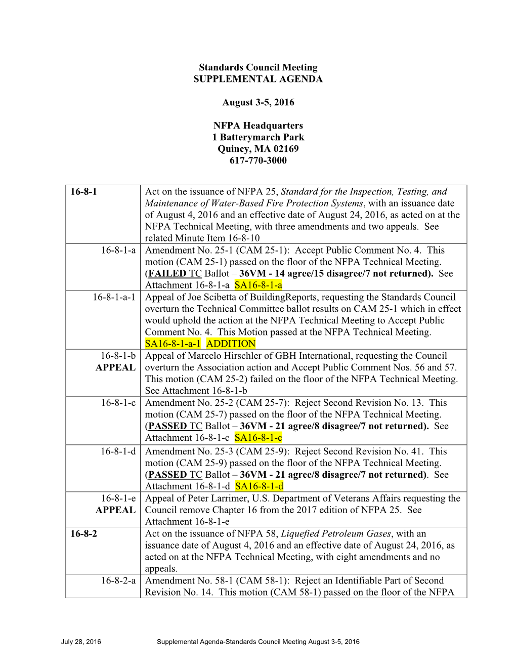 Standards Council Meeting SUPPLEMENTAL AGENDA August