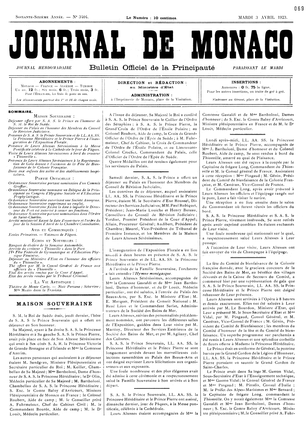 Bulletin Officiel De La Principauté PARAISSANT LE MARDI