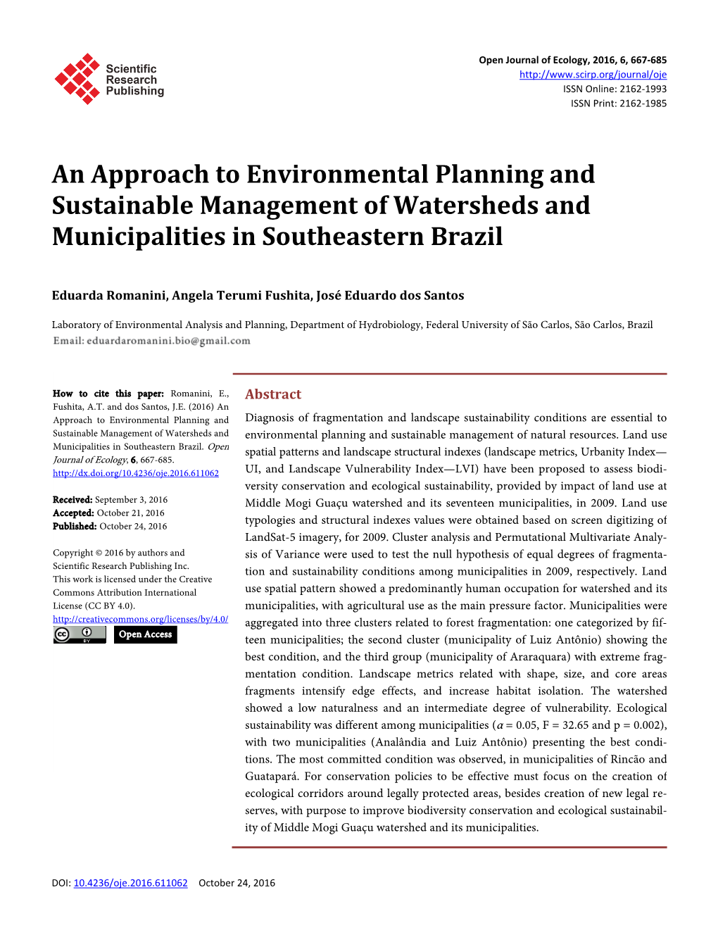 An Approach to Environmental Planning and Sustainable Management of Watersheds and Municipalities in Southeastern Brazil