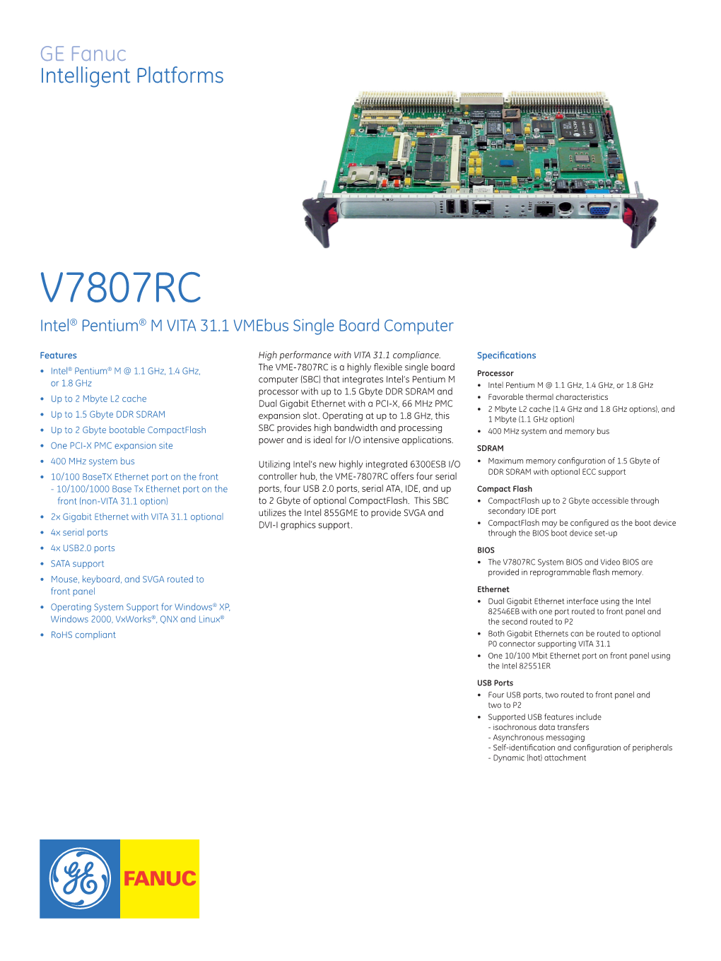 V7807RC Intel® Pentium® M VITA 31.1 Vmebus Single Board Computer