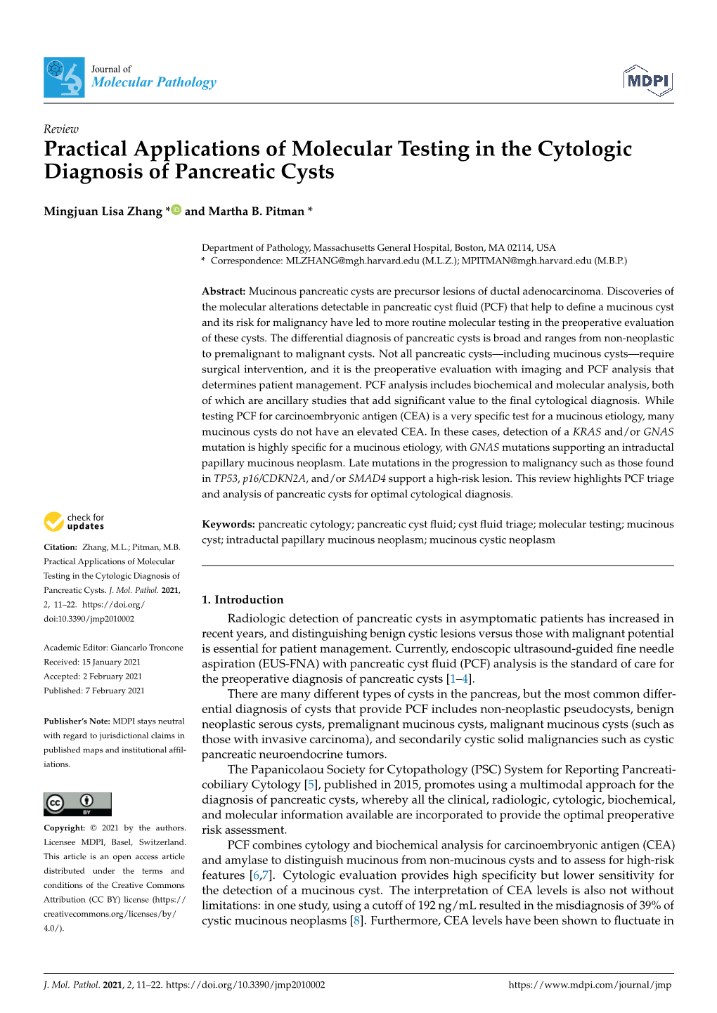 Practical Applications of Molecular Testing in the Cytologic Diagnosis of Pancreatic Cysts