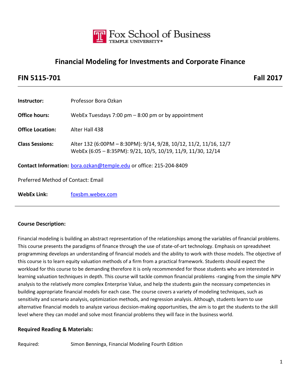 Financial Modeling for Investments and Corporate Finance FIN 5115