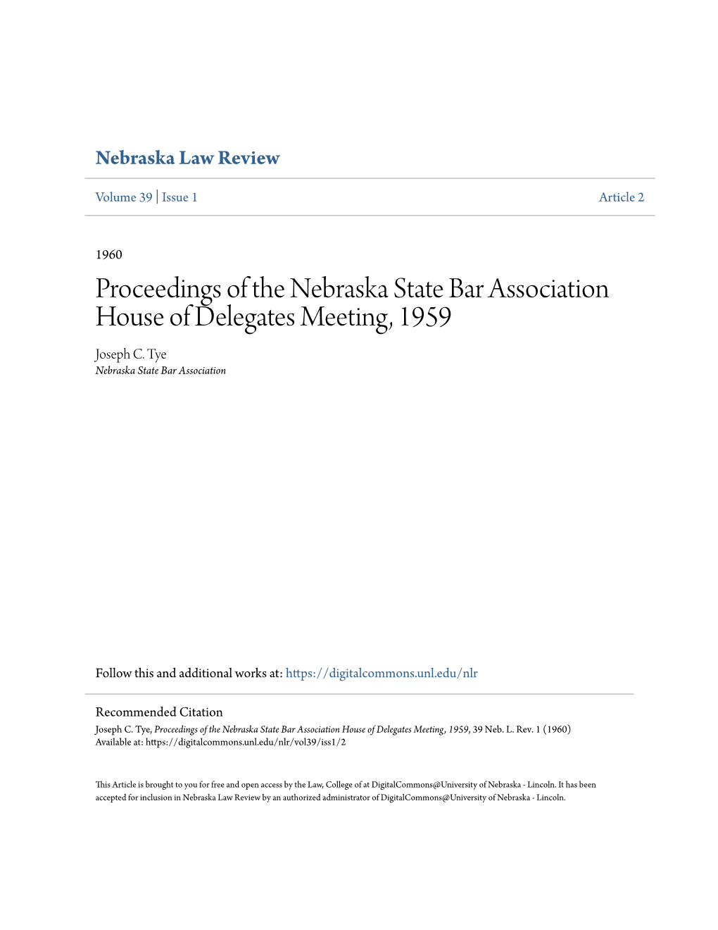 Proceedings of the Nebraska State Bar Association House of Delegates Meeting, 1959 Joseph C