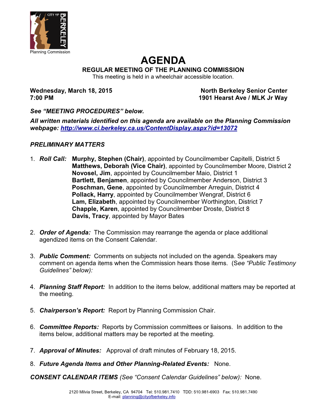 AGENDA REGULAR MEETING of the PLANNING COMMISSION This Meeting Is Held in a Wheelchair Accessible Location