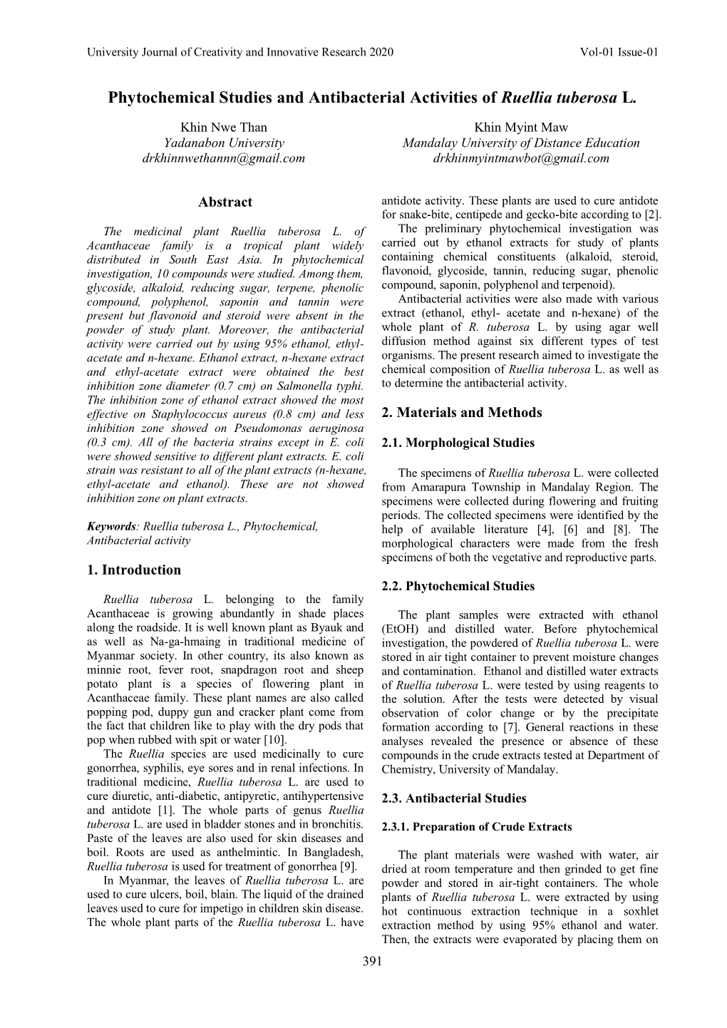 Phytochemical Studies and Antibacterial Activities of Ruellia Tuberosa L