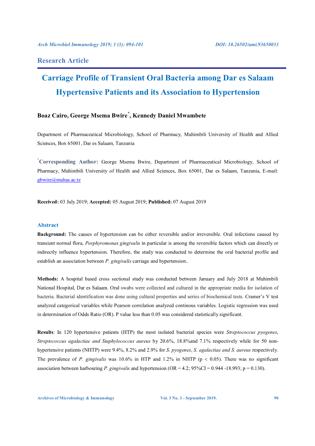 Carriage Profile of Transient Oral Bacteria Among Dar Es Salaam Hypertensive Patients and Its Association to Hypertension