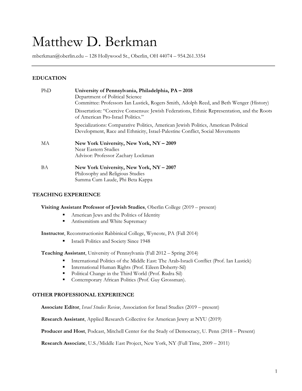 Matthew Berkman CV September 2019