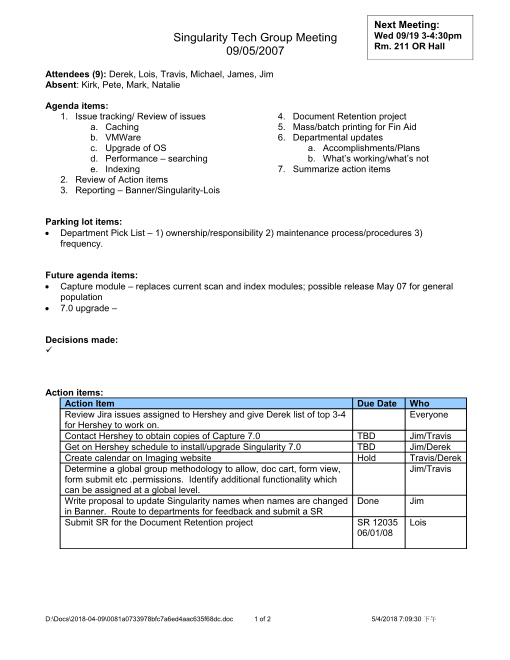 Registrar and Admissions Imaging Meeting Minutes - 02/07/06 s1