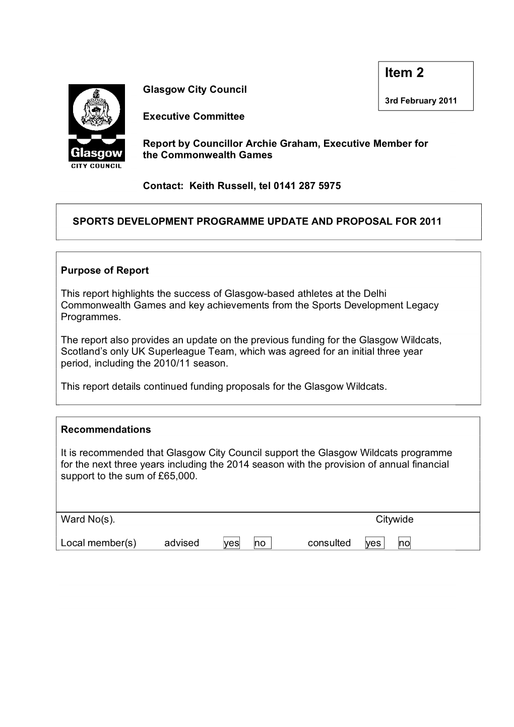 Item 2 Glasgow City Council 3Rd February 2011 Executive Committee