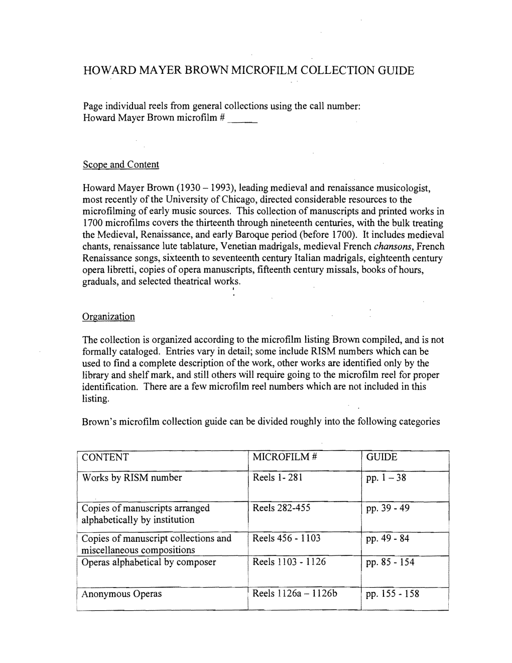 Howard Mayer Brown Microfilm Collection Guide