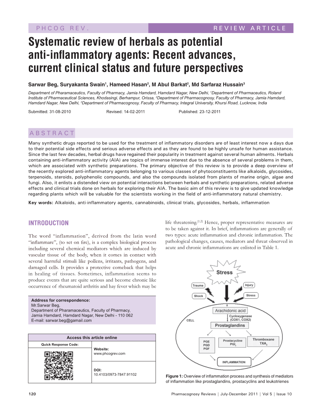 Systematic Review of Herbals As Potential Anti-Inflammatory Agents