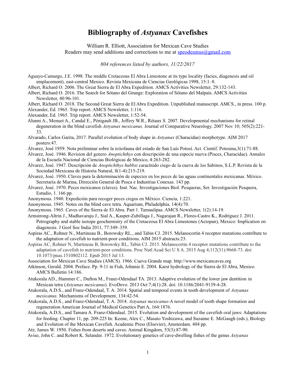 Bibliography of Astyanax Cavefishes