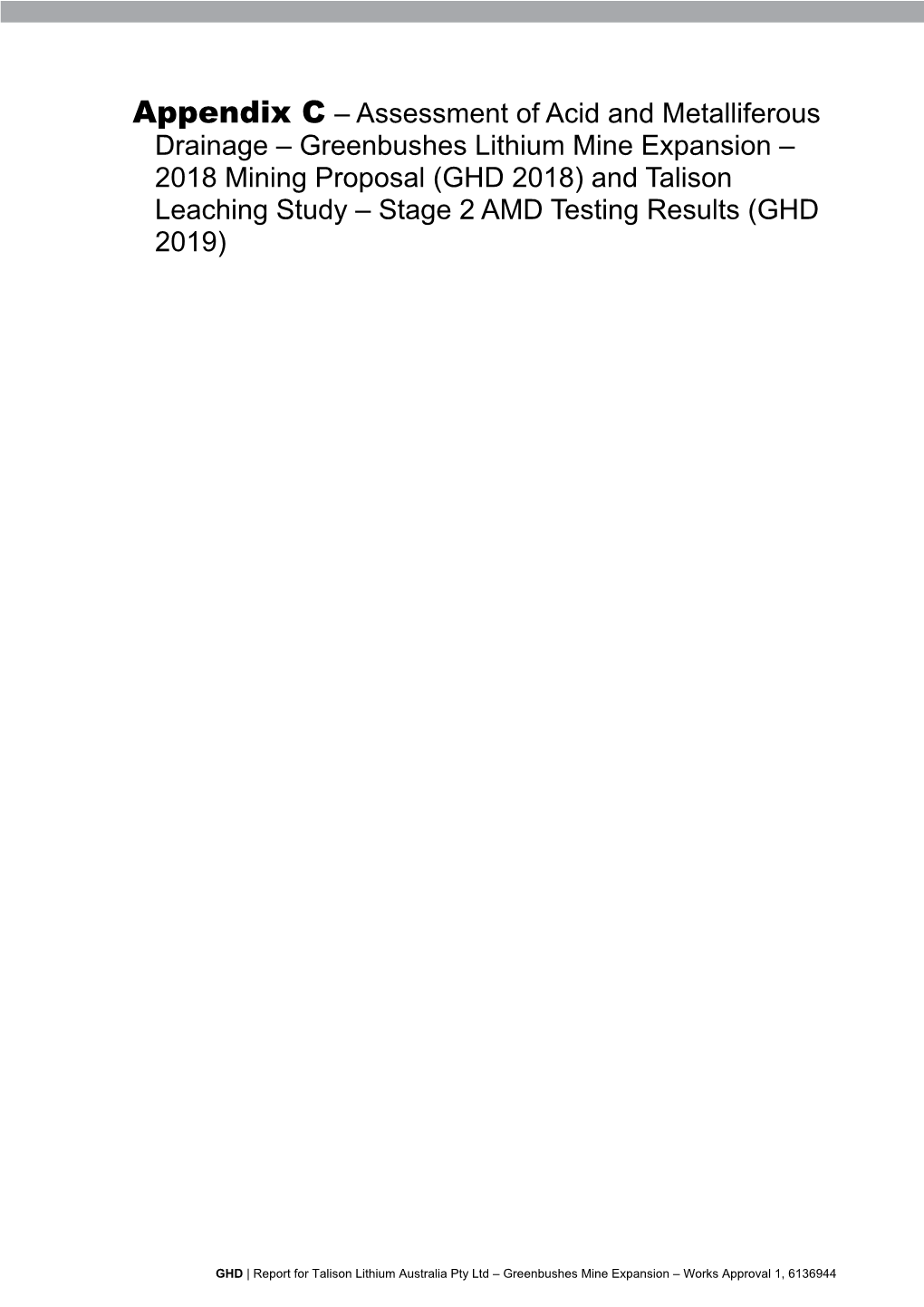 Assessment of Acid and Metalliferous Drainage – Greenbushes Lithium