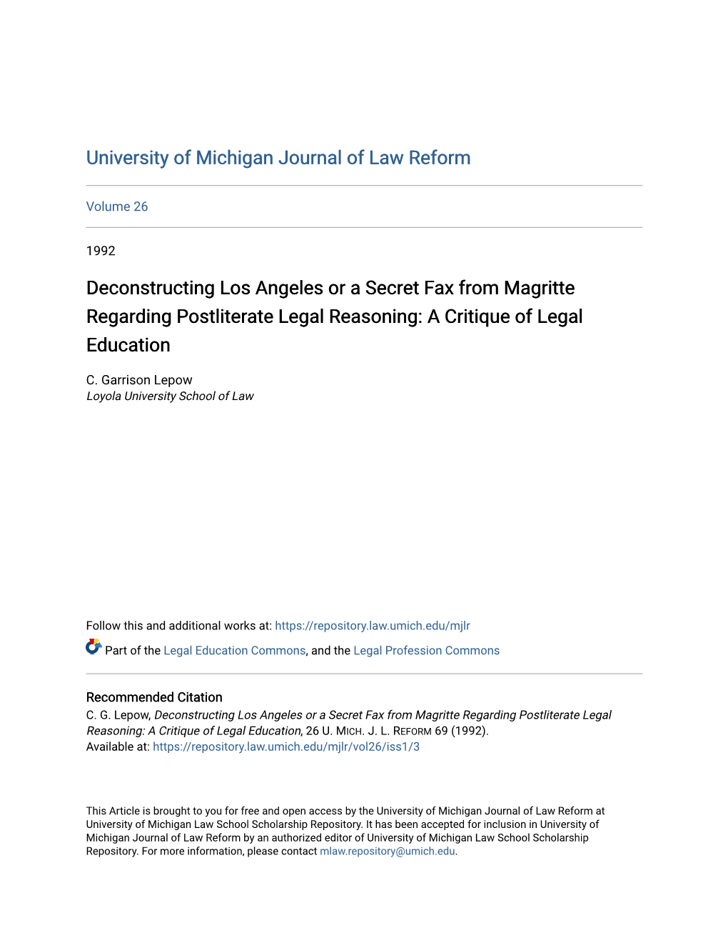 Deconstructing Los Angeles Or a Secret Fax from Magritte Regarding Postliterate Legal Reasoning: a Critique of Legal Education