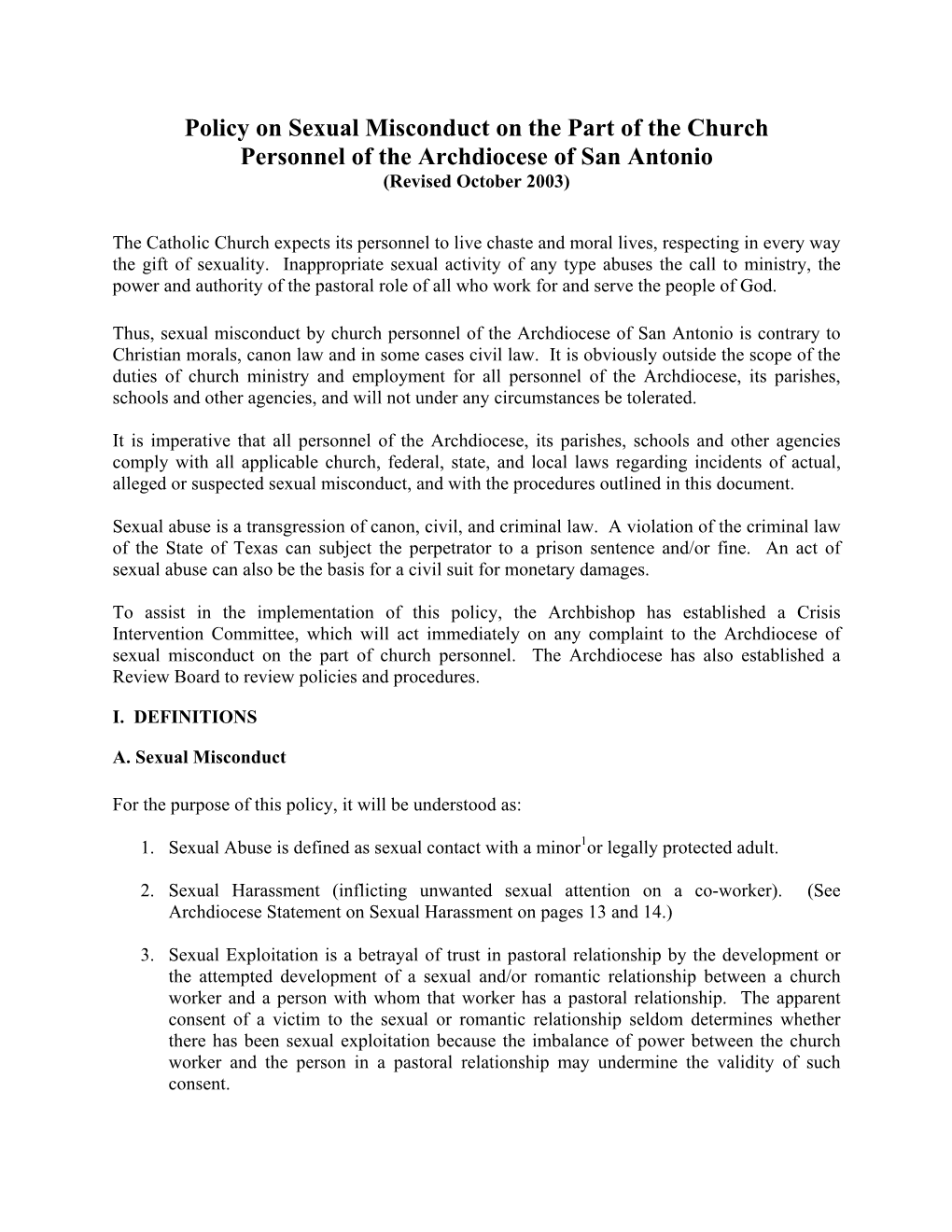 Policy on Sexual Misconduct on the Part of the Church Personnel of the Archdiocese of San Antonio (Revised October 2003)