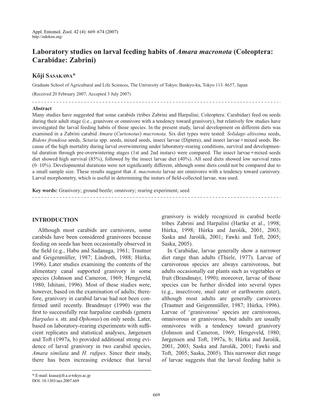 Laboratory Studies on Larval Feeding Habits of Amara Macronota (Coleoptera: Carabidae: Zabrini)