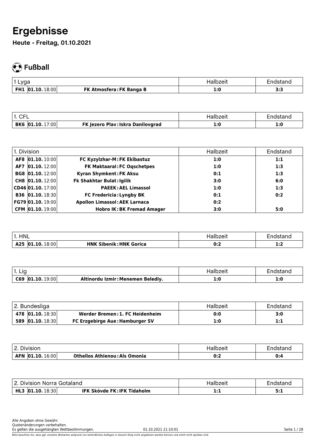 Ergebnisse Heute - Freitag, 01.10.2021