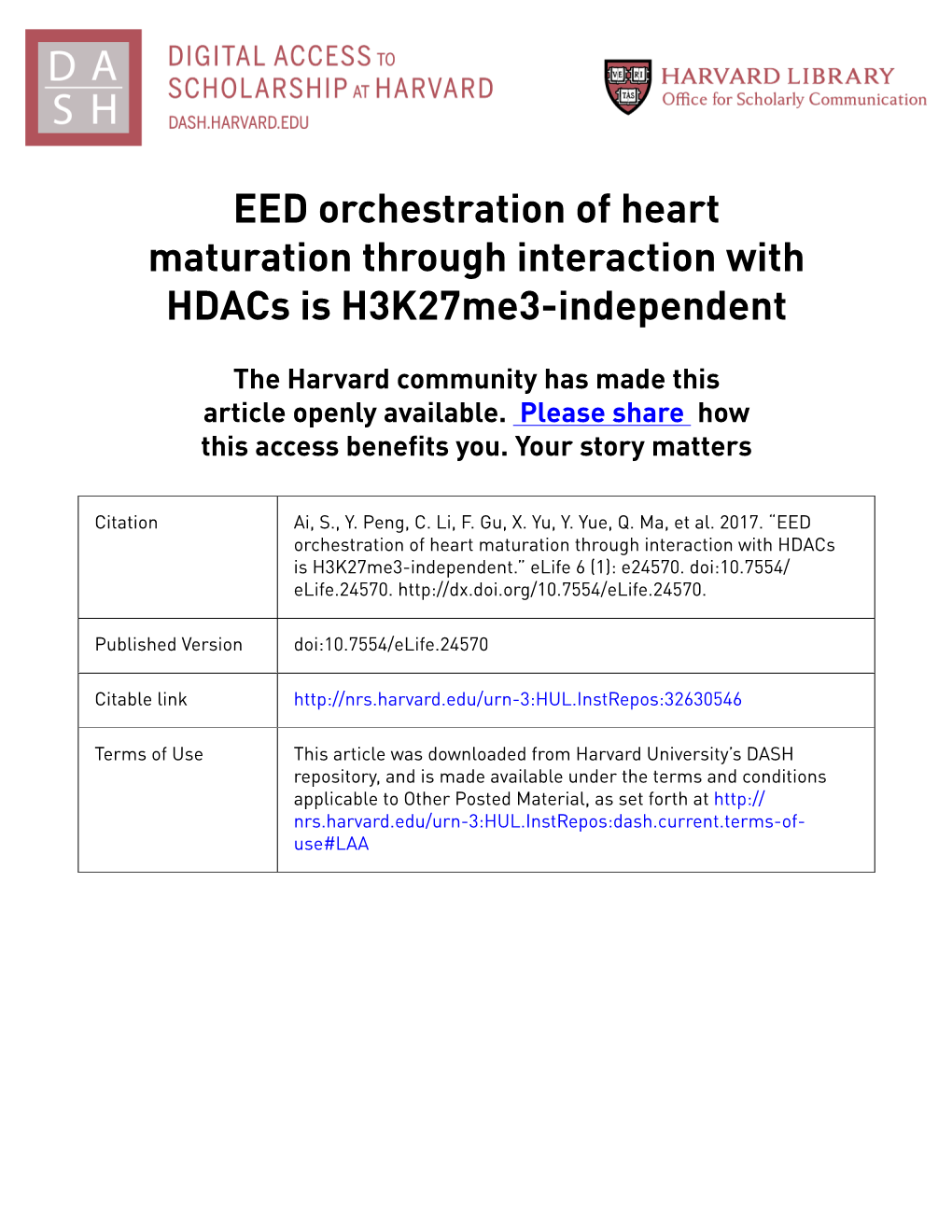 EED Orchestration of Heart Maturation Through Interaction with Hdacs Is H3k27me3-Independent