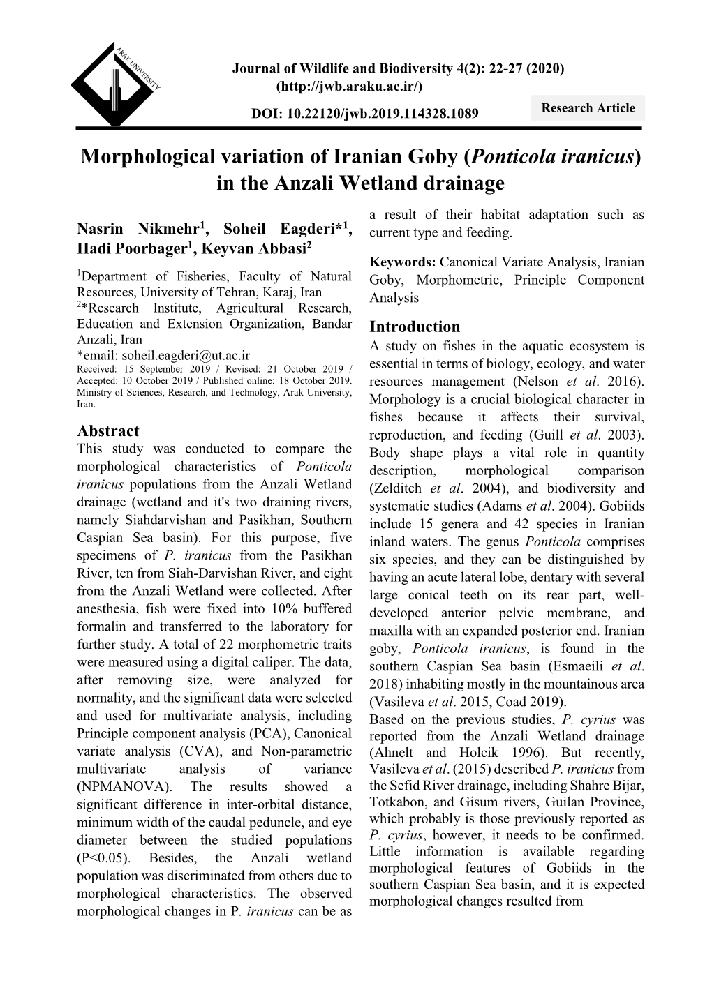 Morphological Variation of Iranian Goby (Ponticola Iranicus) in the Anzali Wetland Drainage