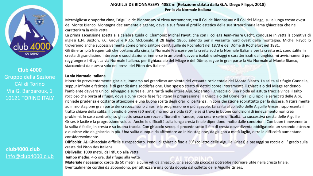 AIGUILLE DE BIONNASSAY 4052 M (Relazione Stilata Dalla G.A