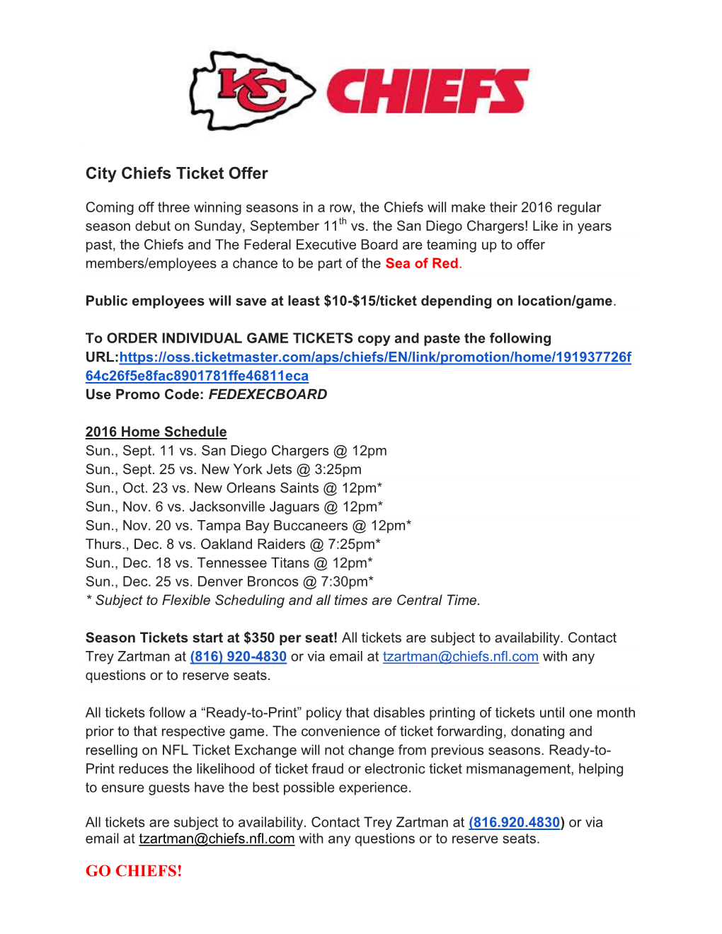 City Chiefs Ticket Offer GO CHIEFS!