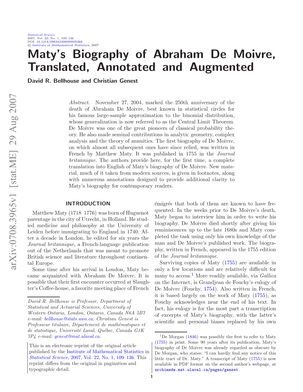 Maty's Biography of Abraham De Moivre, Translated