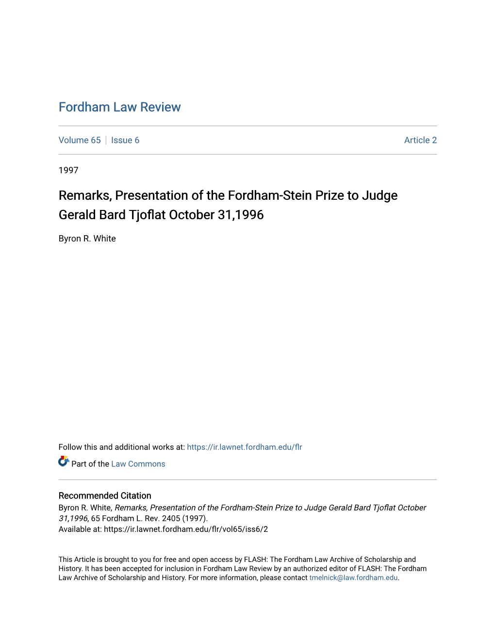 Remarks, Presentation of the Fordham-Stein Prize to Judge Gerald Bard Tjoflat October 31,1996