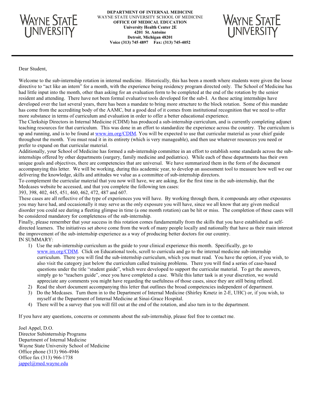 Sub-Internship Welcome Letter (Pdf)