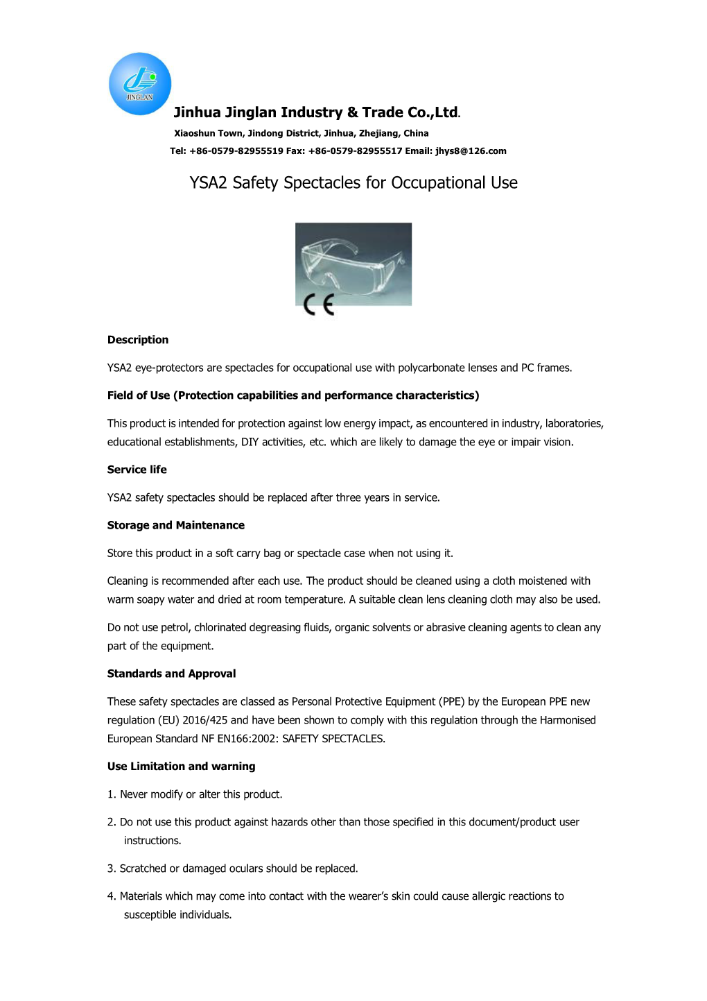 YSA2 Safety Spectacles for Occupational Use