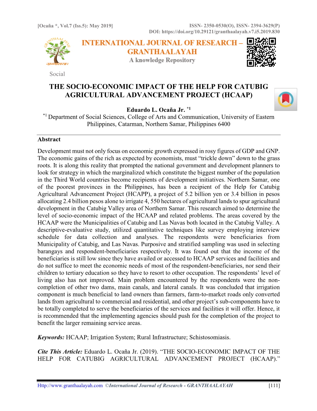 The Socio-Economic Impact of the Help for Catubig Agricultural Advancement Project (Hcaap)