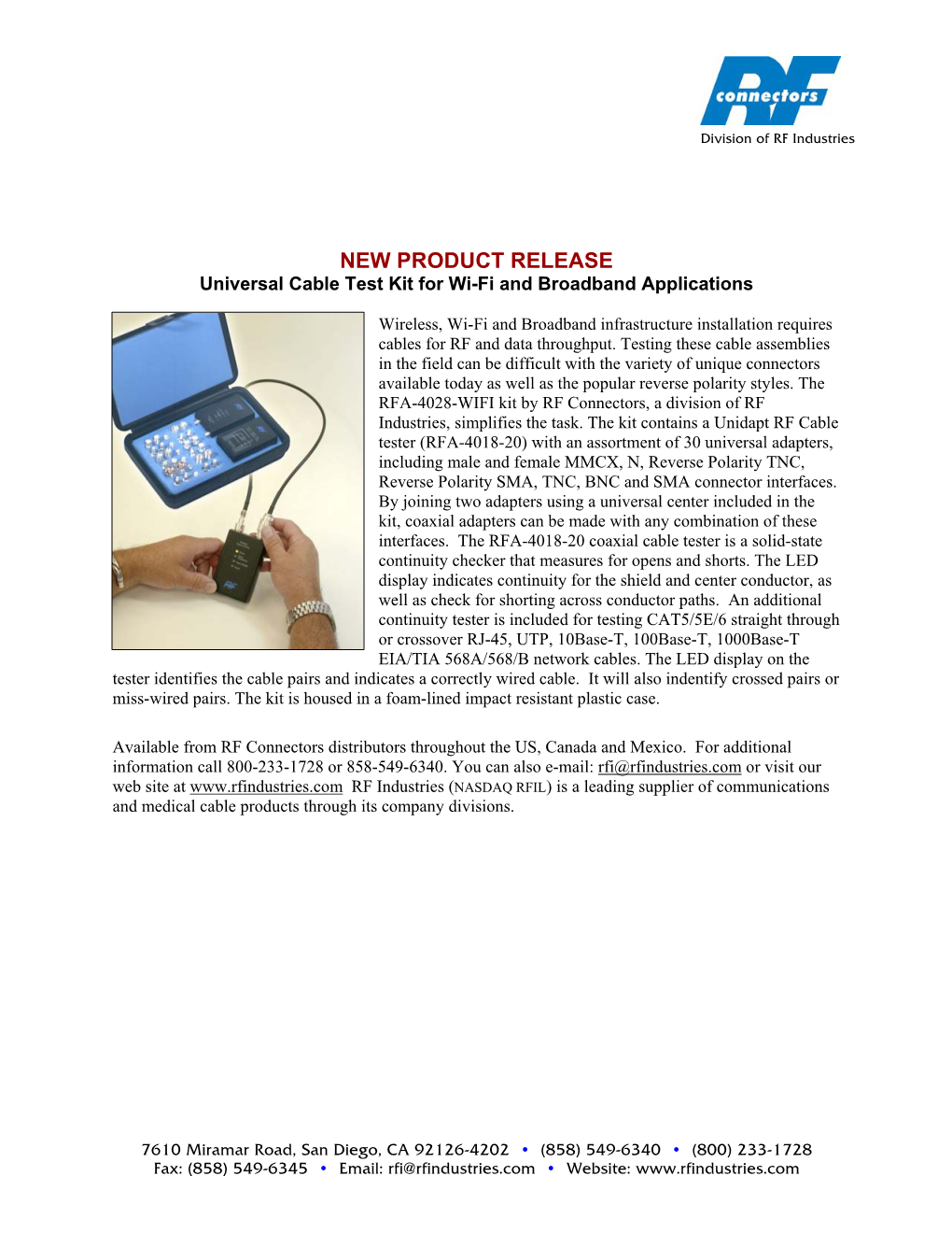 NEW PRODUCT RELEASE Universal Cable Test Kit for Wi-Fi and Broadband Applications